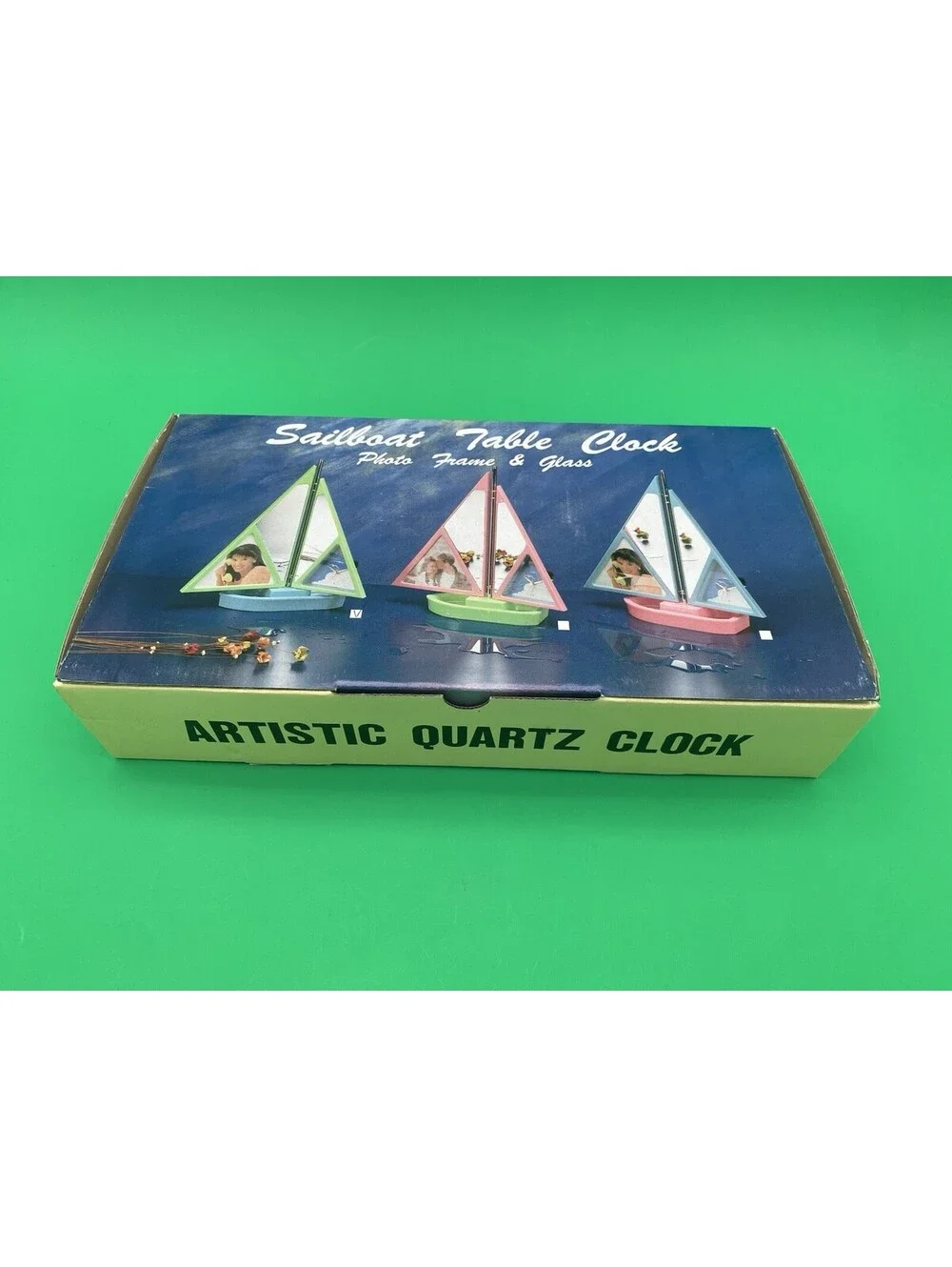 Retro 1980's Sailboat Table Clock, Photo Frame & Mirror - Blue & Green - NOS